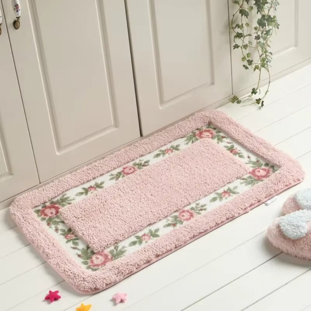 Floral Border Microfiber Bath Mat with Non-Slip Backing