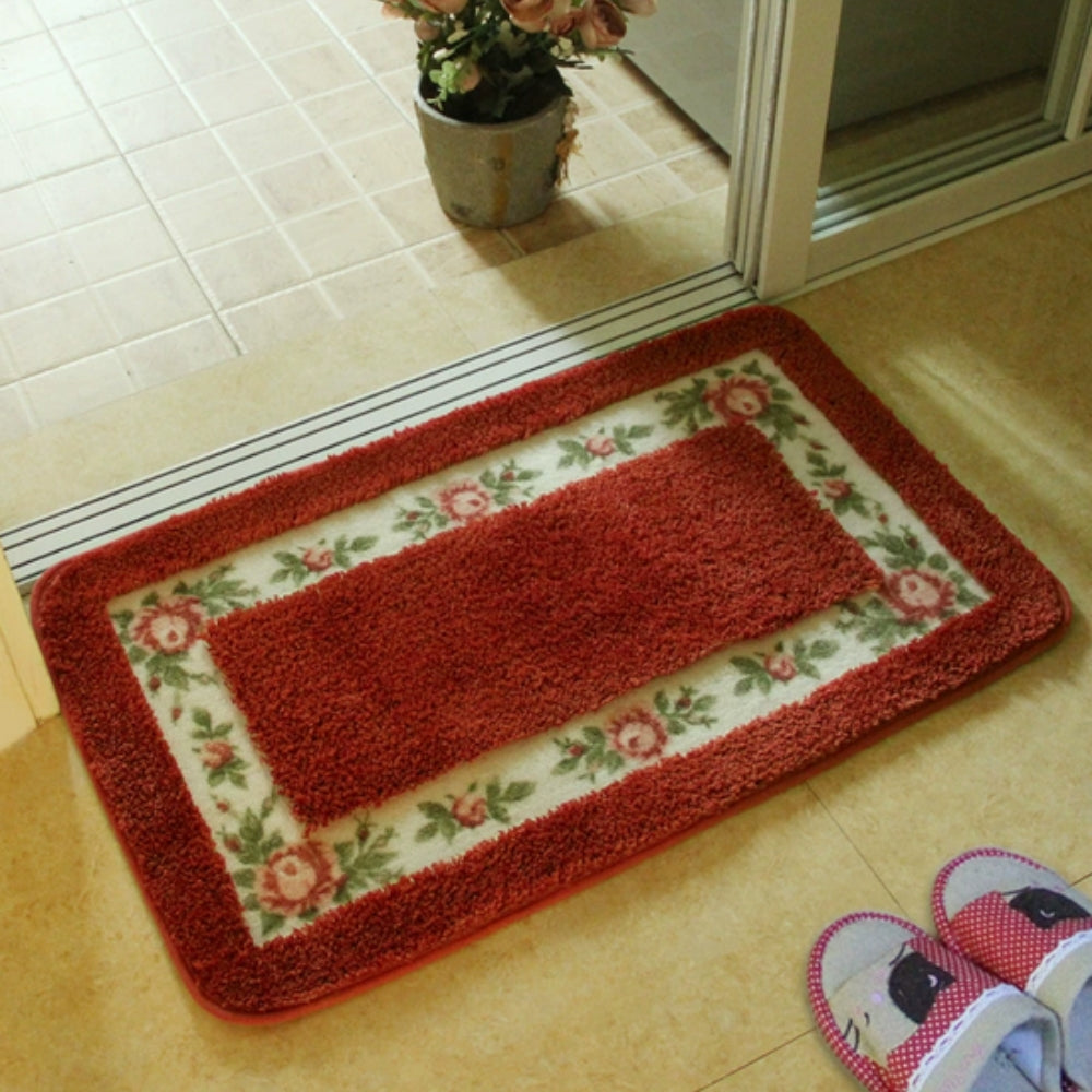 Floral Border Microfiber Bath Mat with Non-Slip Backing