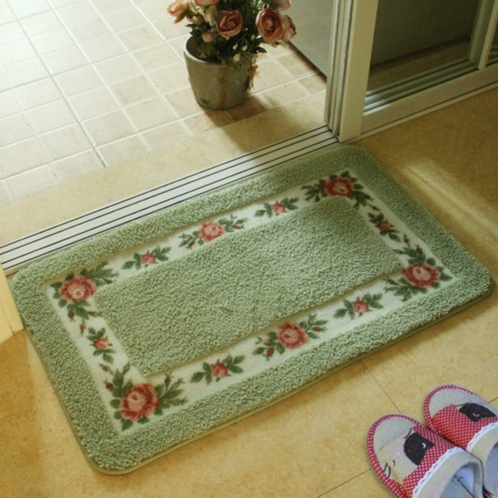 Floral Border Microfiber Bath Mat with Non-Slip Backing