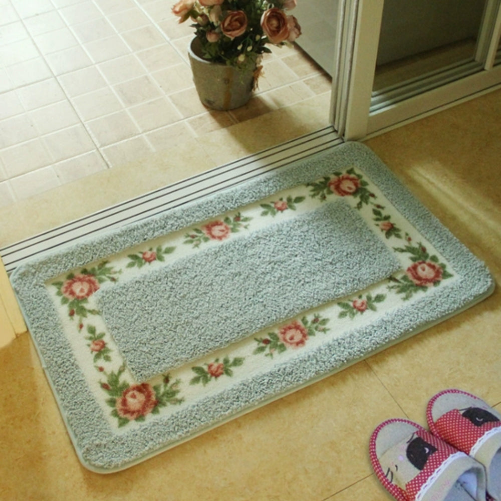 Floral Border Microfiber Bath Mat with Non-Slip Backing