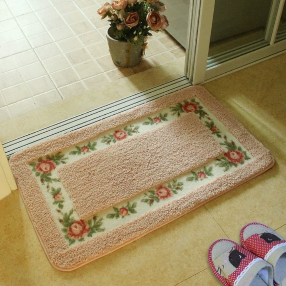 Floral Border Microfiber Bath Mat with Non-Slip Backing