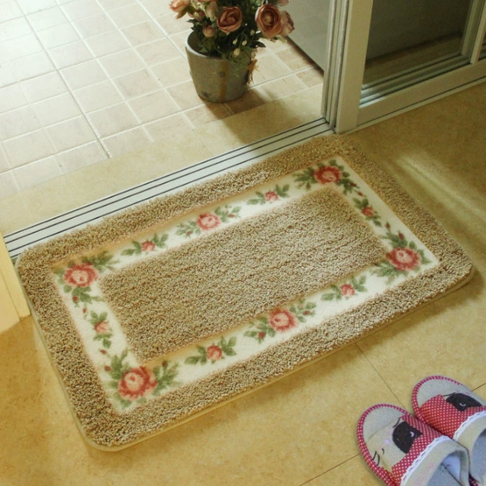 Floral Border Microfiber Bath Mat with Non-Slip Backing