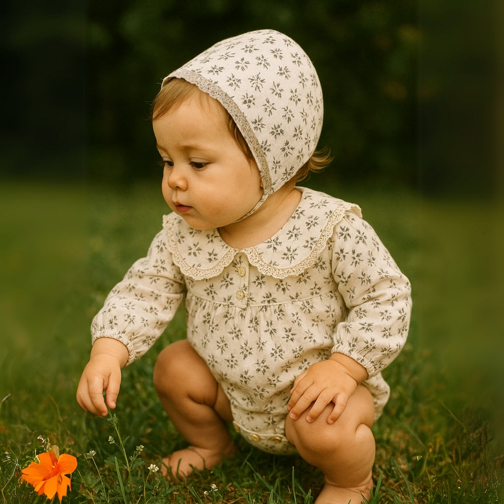Floral Cotton Romper Set with Bonnet for Girls