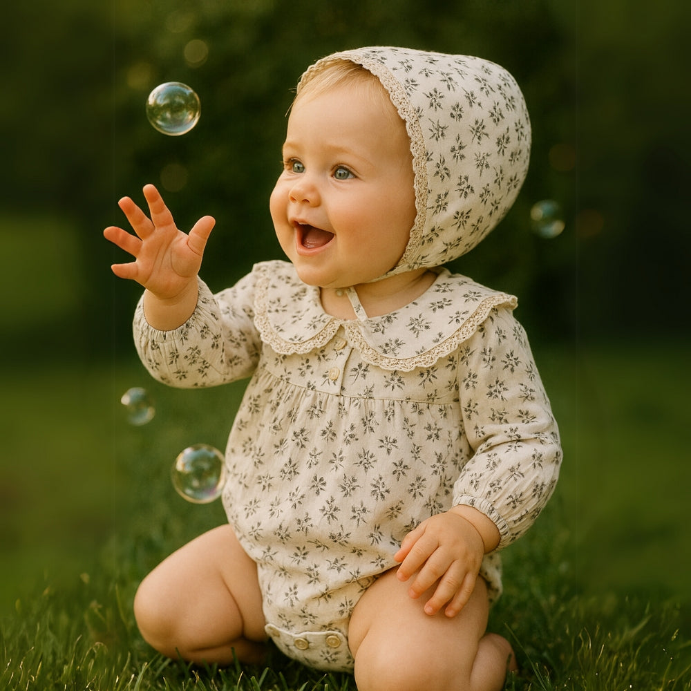 Floral Cotton Romper Set with Bonnet for Girls