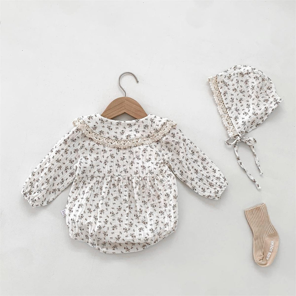 Floral Cotton Romper Set with Bonnet for Girls