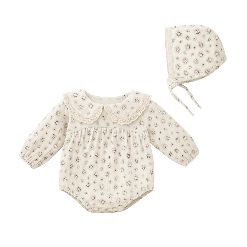 Floral Cotton Romper Set with Bonnet for Girls