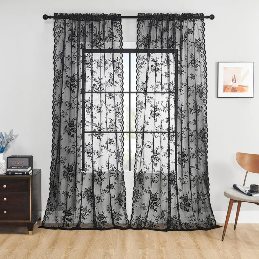 Floral Lace Sheer Curtains with Rod Pocket Top
