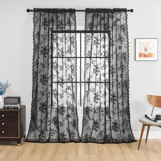 Floral Lace Sheer Curtains with Rod Pocket Top