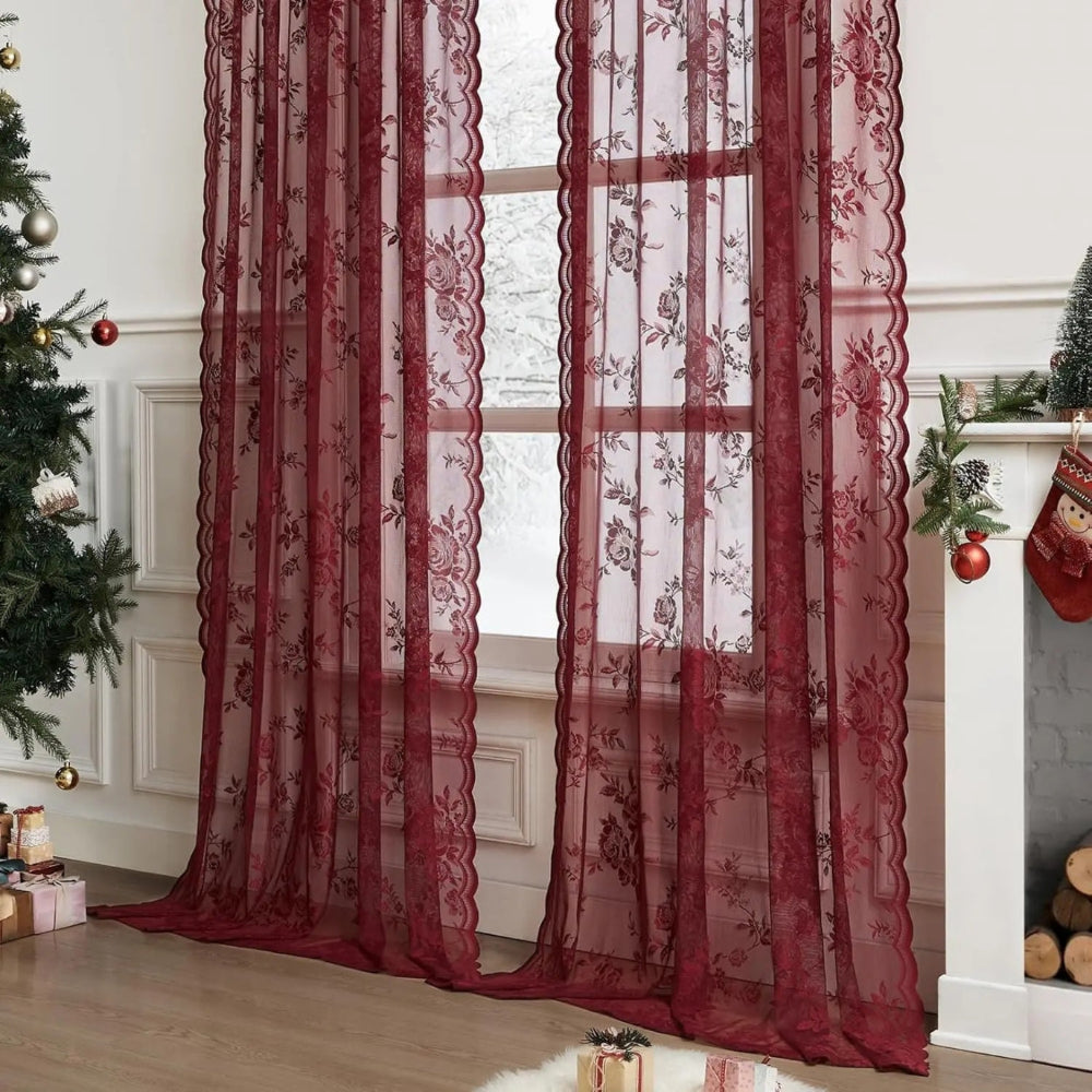 Floral Lace Sheer Curtains with Rod Pocket Top