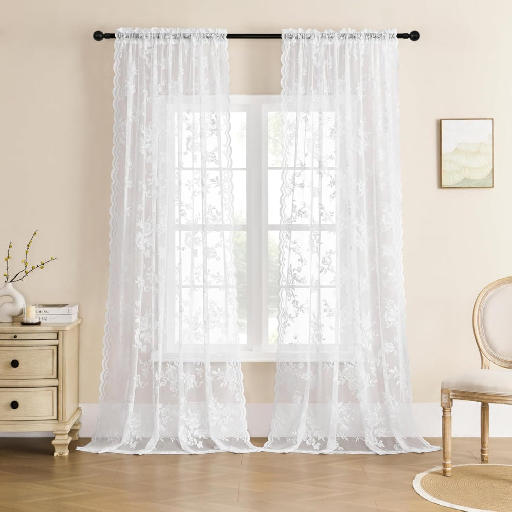 Floral Lace Sheer Curtains with Rod Pocket Top