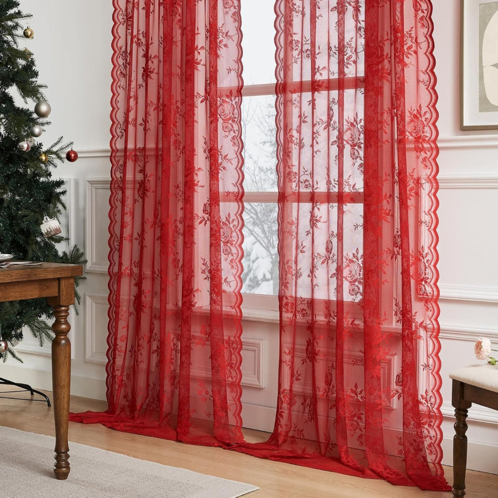 Floral Lace Sheer Curtains with Rod Pocket Top