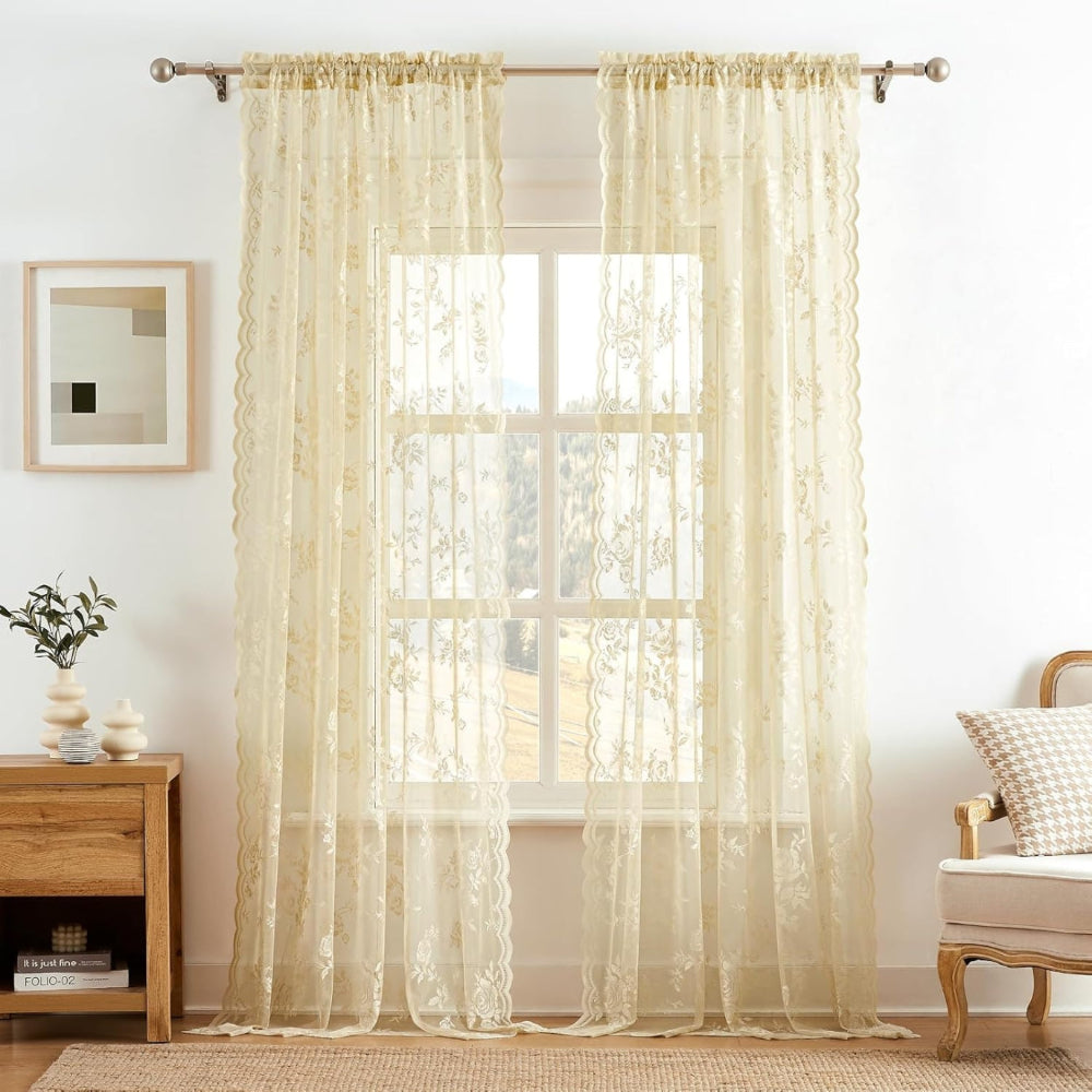Floral Lace Sheer Curtains with Rod Pocket Top