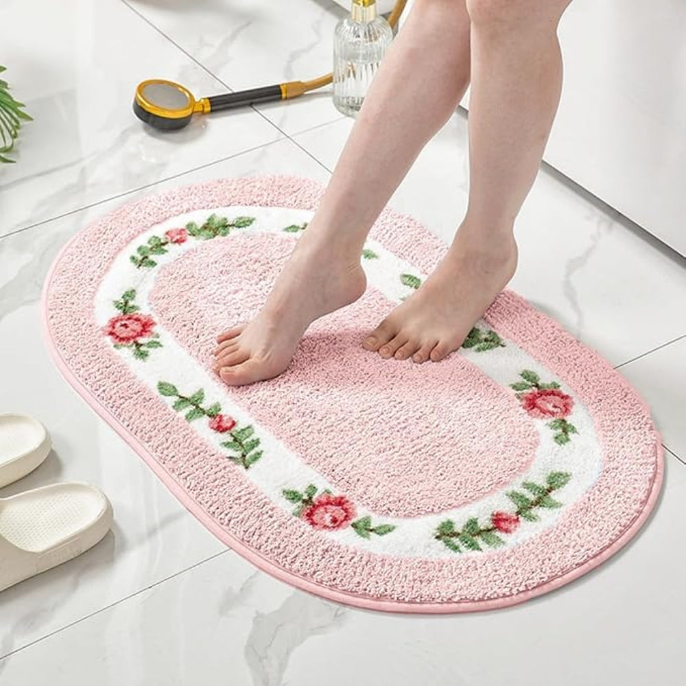 Plush Floral Oval Bath Mat with Non-Slip Backing