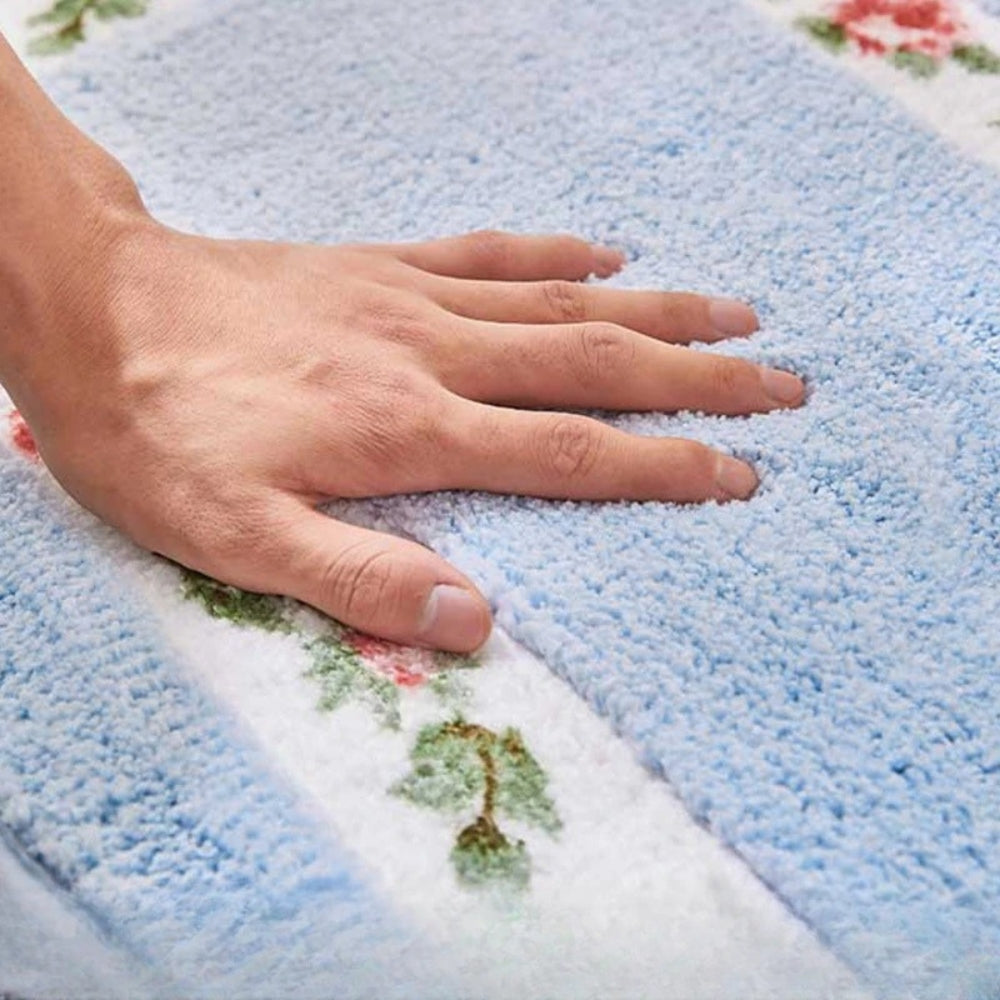 Plush Floral Oval Bath Mat with Non-Slip Backing