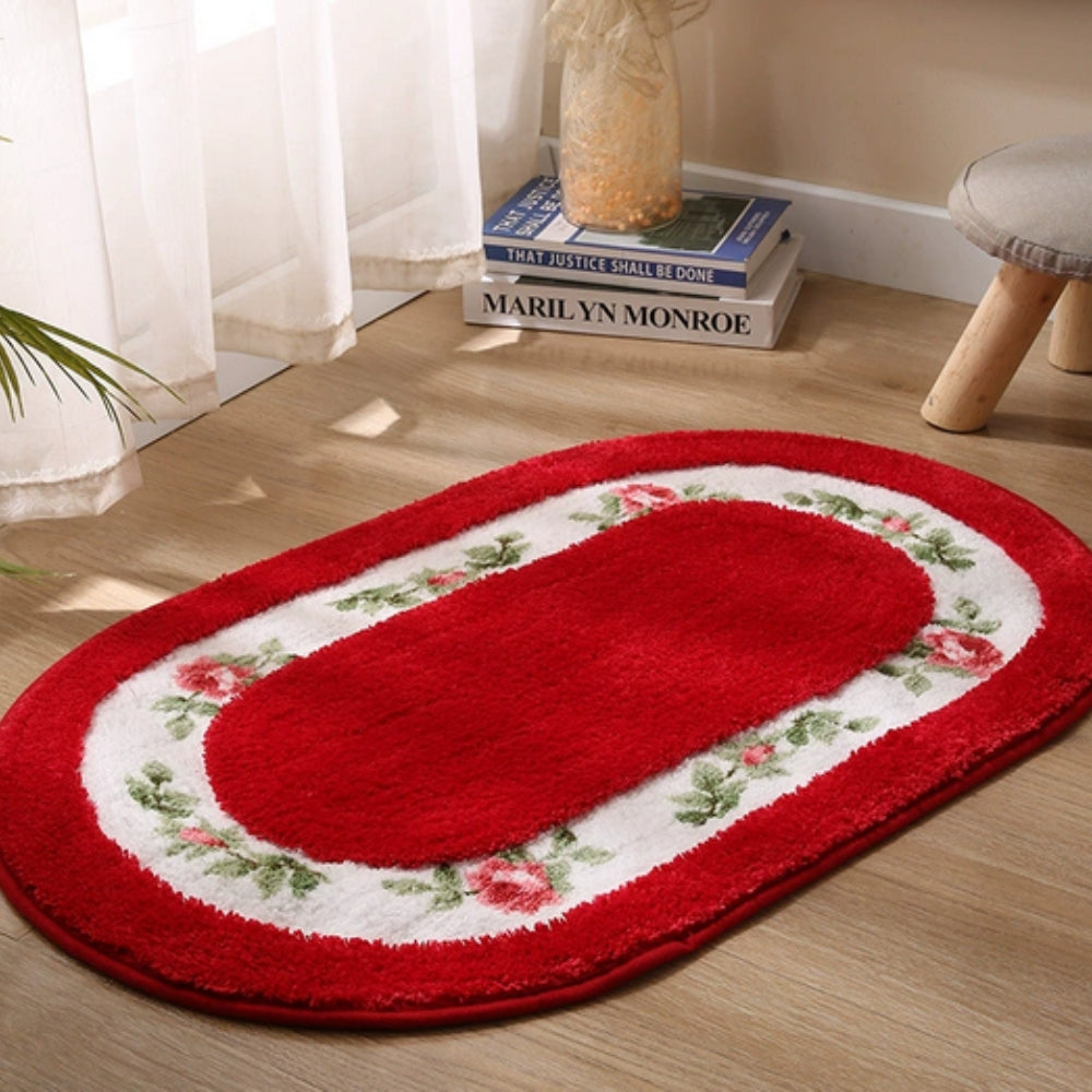 Plush Floral Oval Bath Mat with Non-Slip Backing