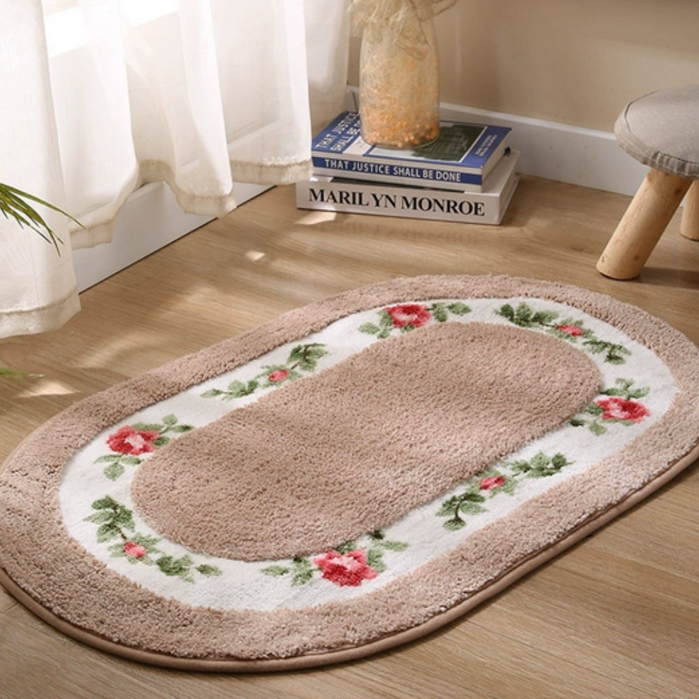 Plush Floral Oval Bath Mat with Non-Slip Backing