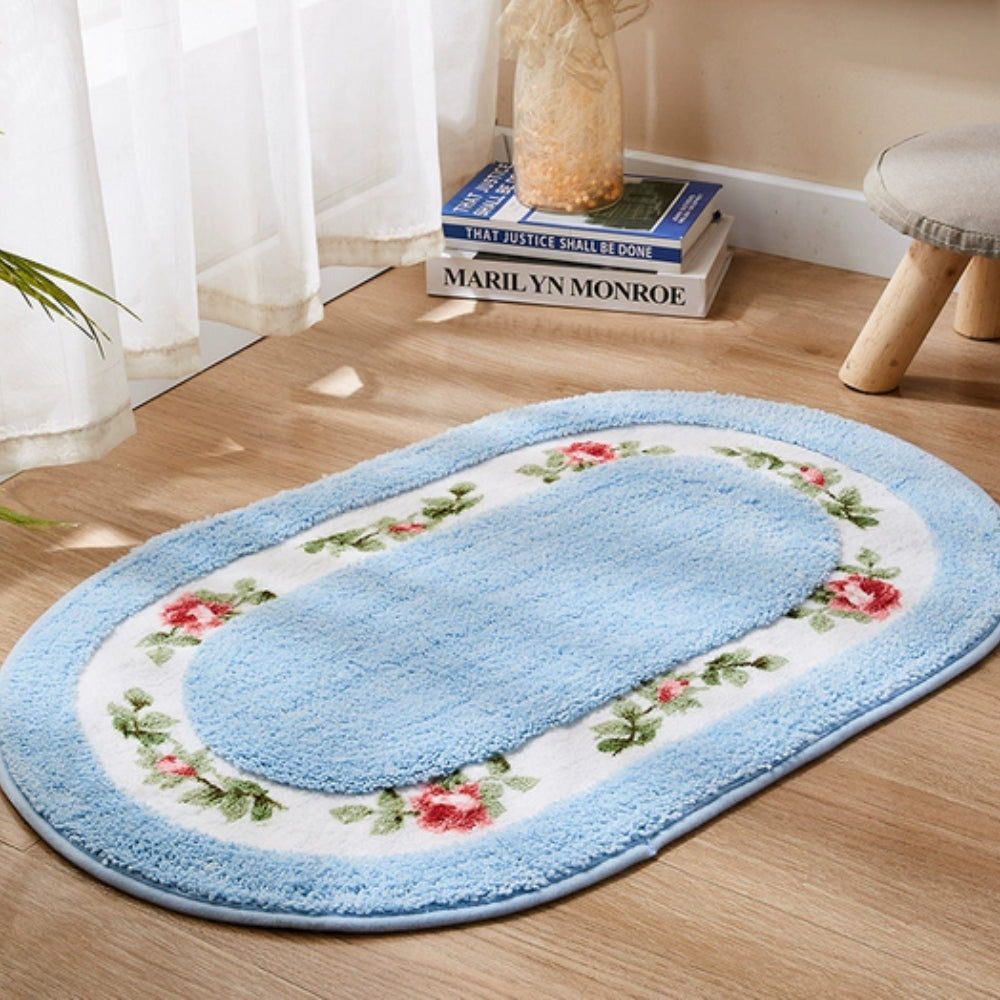 Plush Floral Oval Bath Mat with Non-Slip Backing