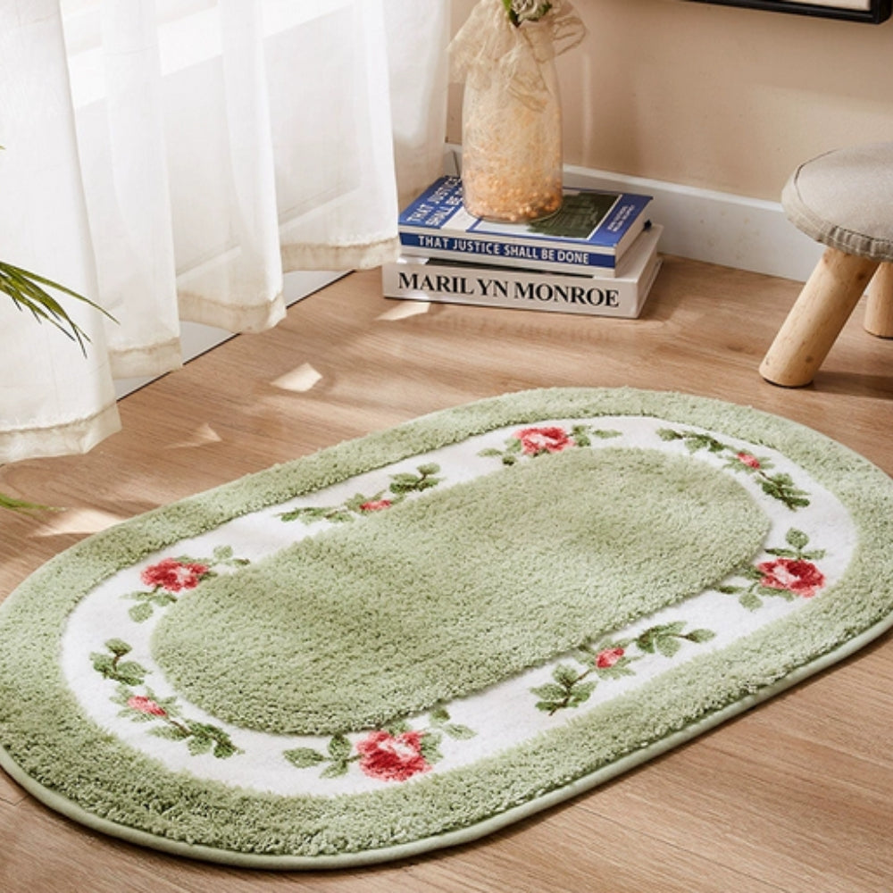 Plush Floral Oval Bath Mat with Non-Slip Backing