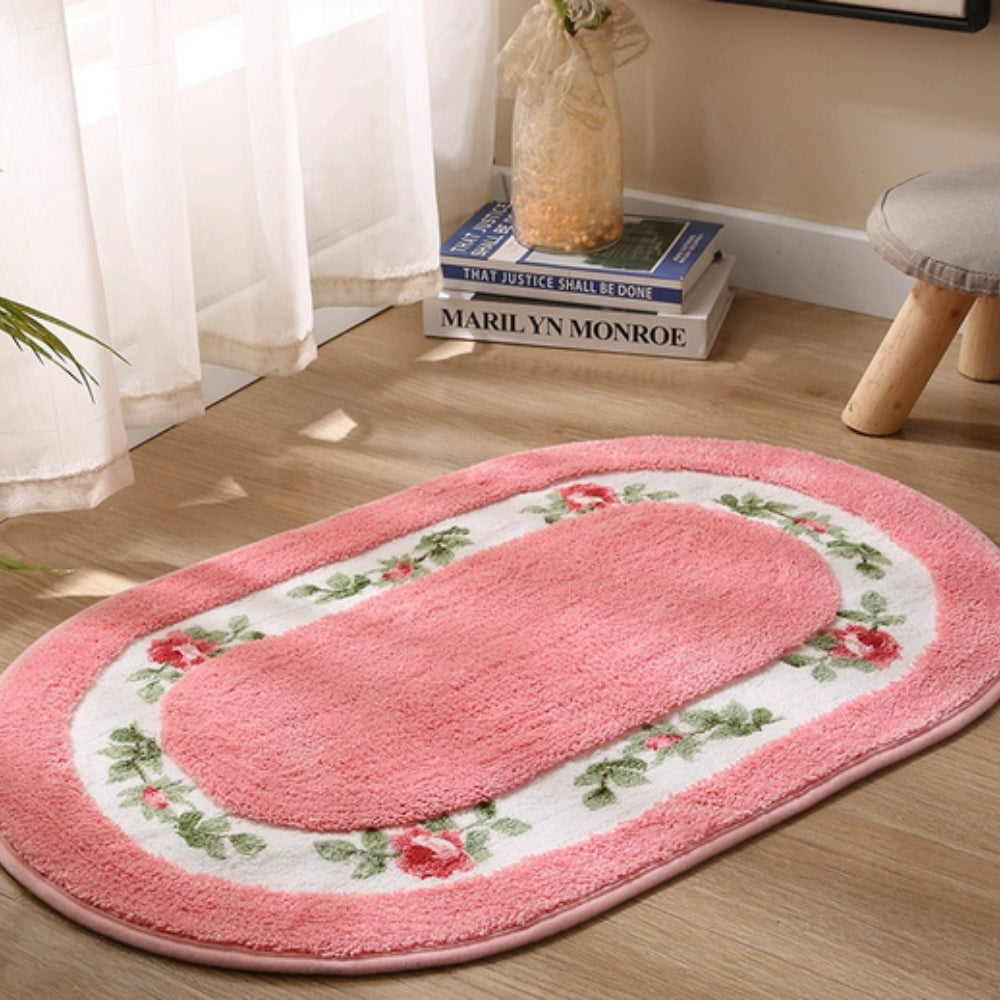 Plush Floral Oval Bath Mat with Non-Slip Backing