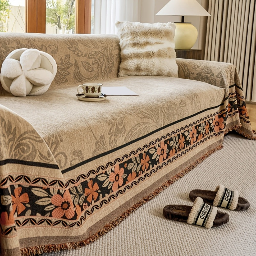 Floral Chenille Boho Sofa Cover with Tassels