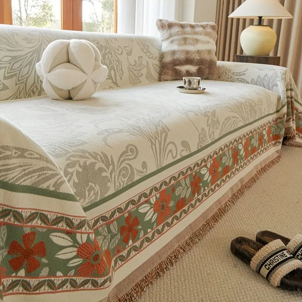 Floral Tasseled Boho Sofa Cover in Earthy Tones
