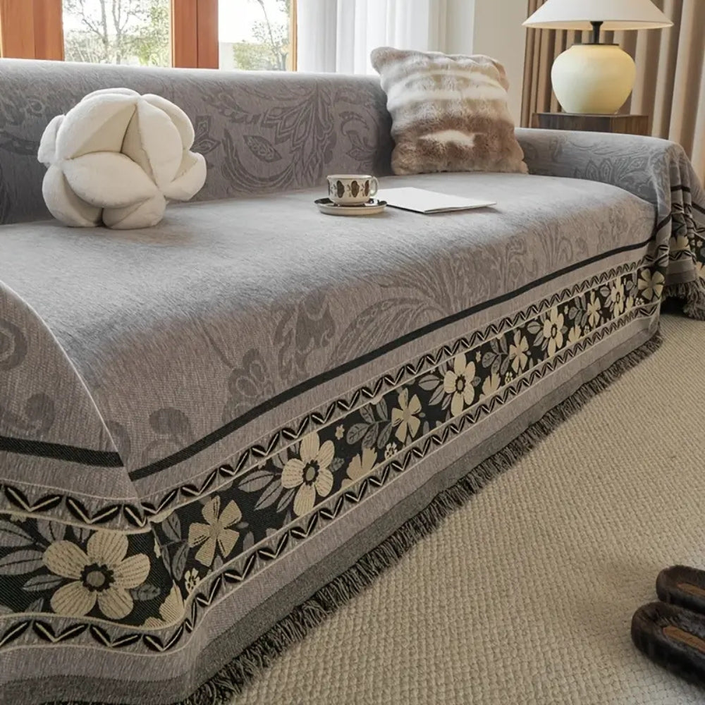 Floral Tasseled Boho Sofa Cover in Earthy Tones