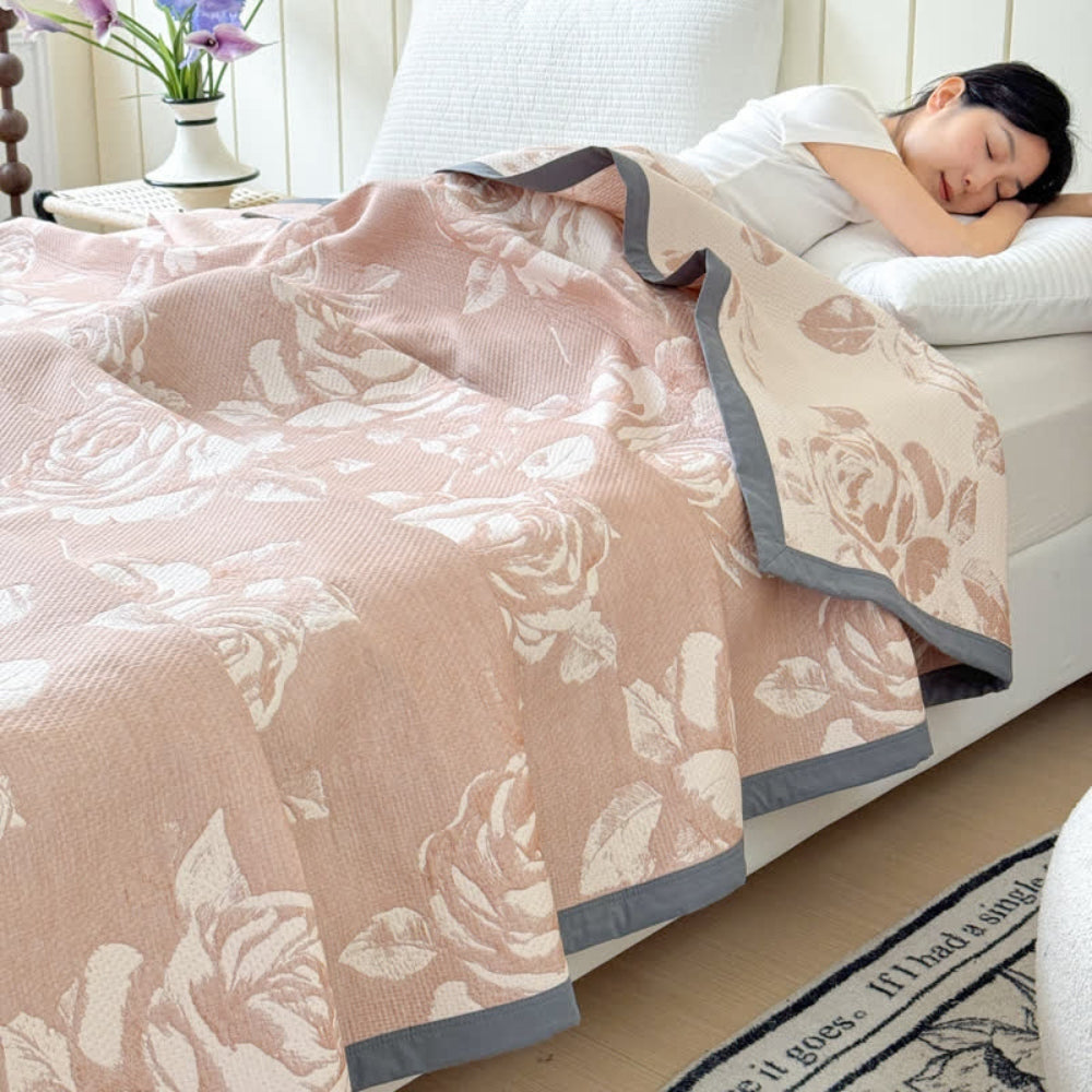 Triple-Layered Cotton Gauze Pink Rose Blanket
