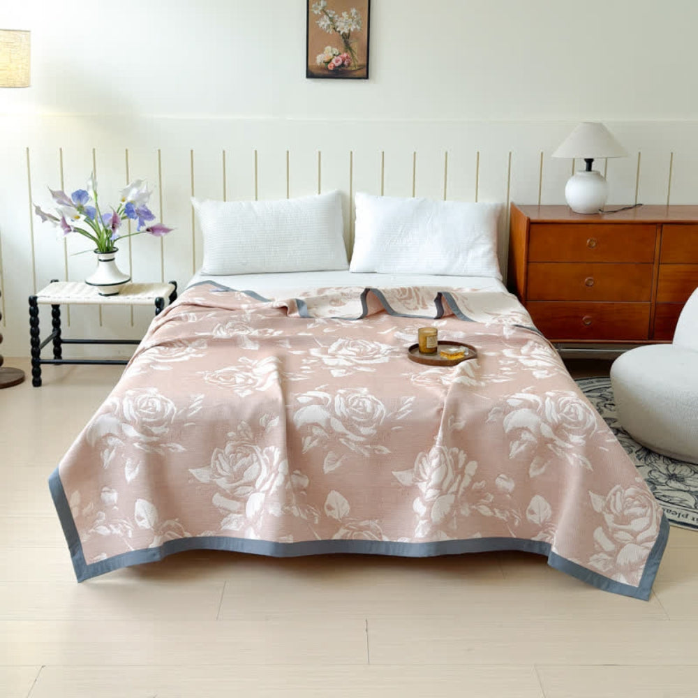 Triple-Layered Cotton Gauze Pink Rose Blanket