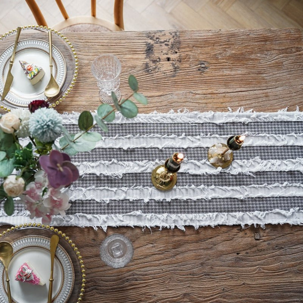 Frayed Microfiber Table Runner with Ruffled Edges