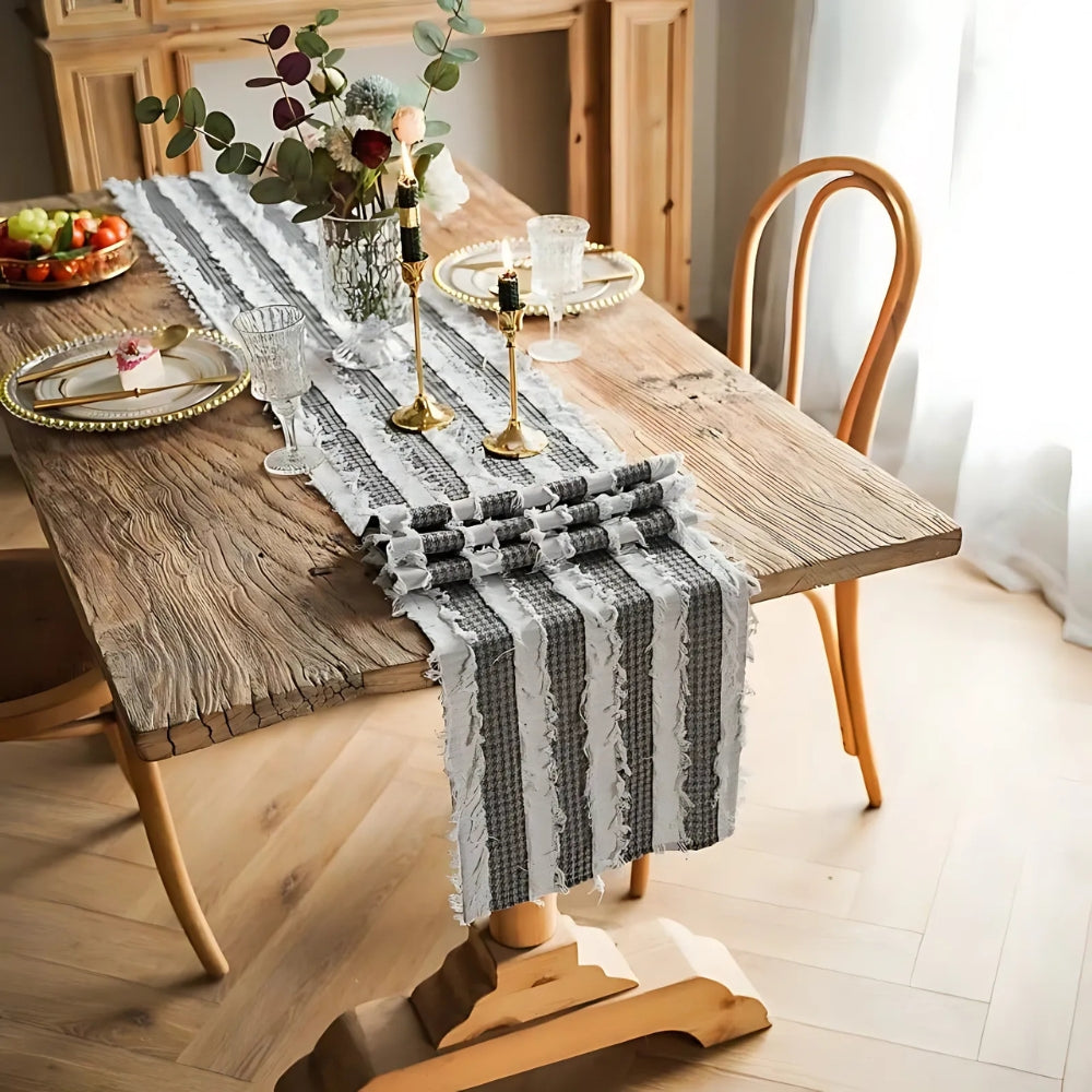 Frayed Microfiber Table Runner with Ruffled Edges
