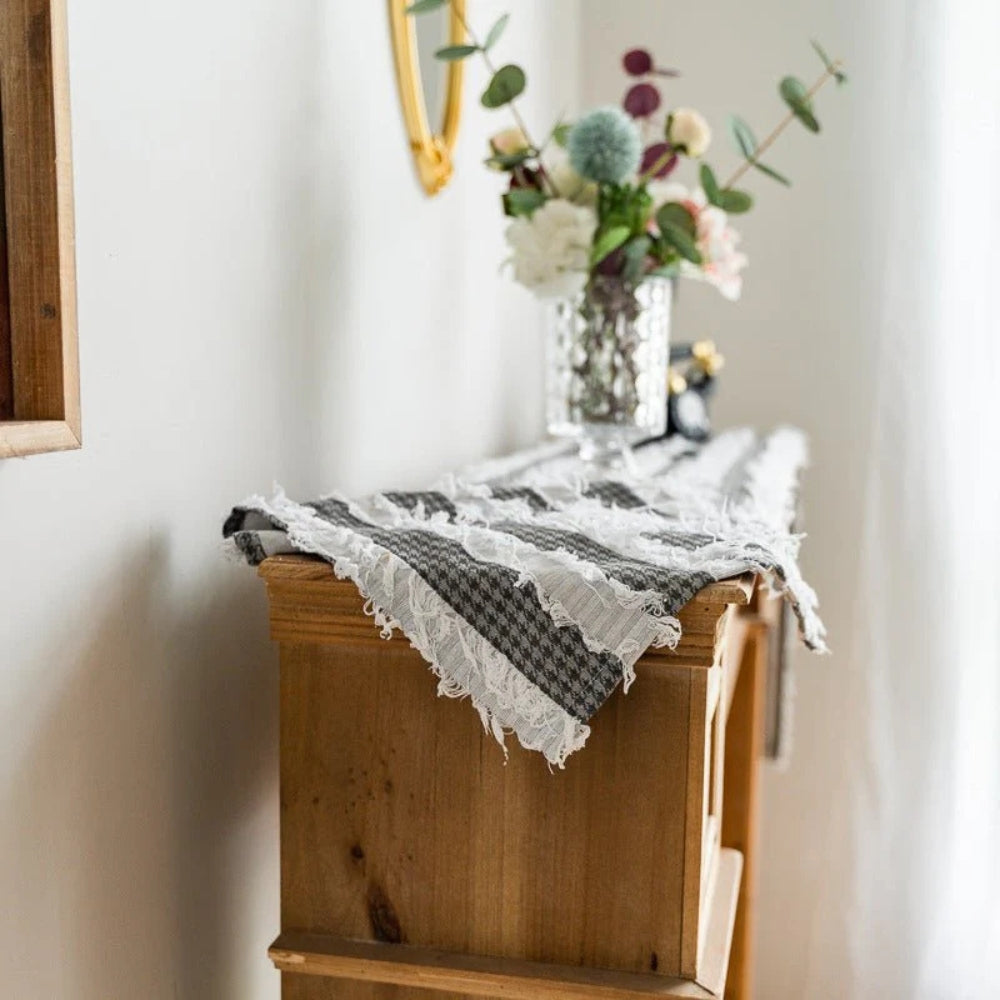 Frayed Microfiber Table Runner with Ruffled Edges