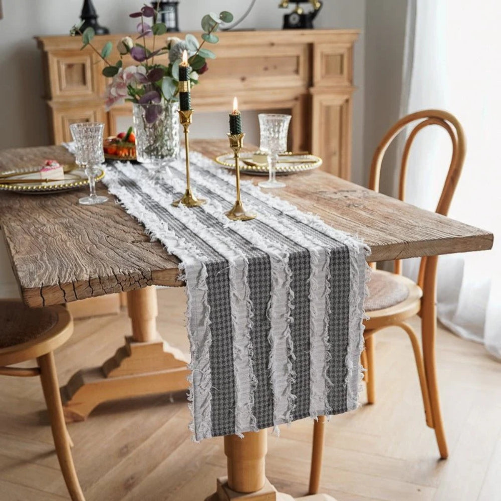 Frayed Microfiber Table Runner with Ruffled Edges