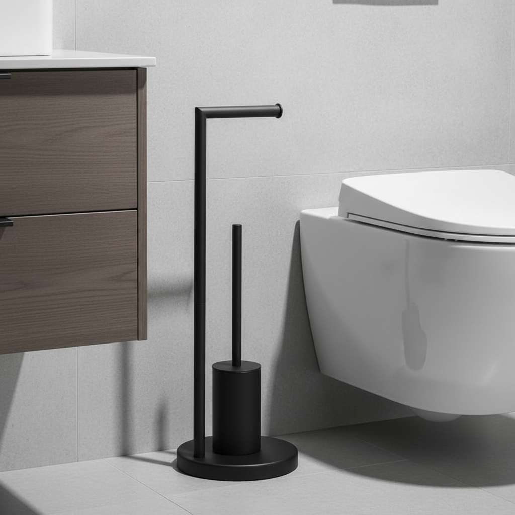 Wall-Mounted Toilet Paper Holder with Integrated Brush
