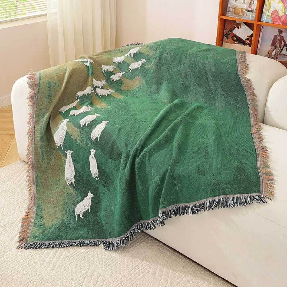 Woven Sheep Throw Blanket with Tassel Trim