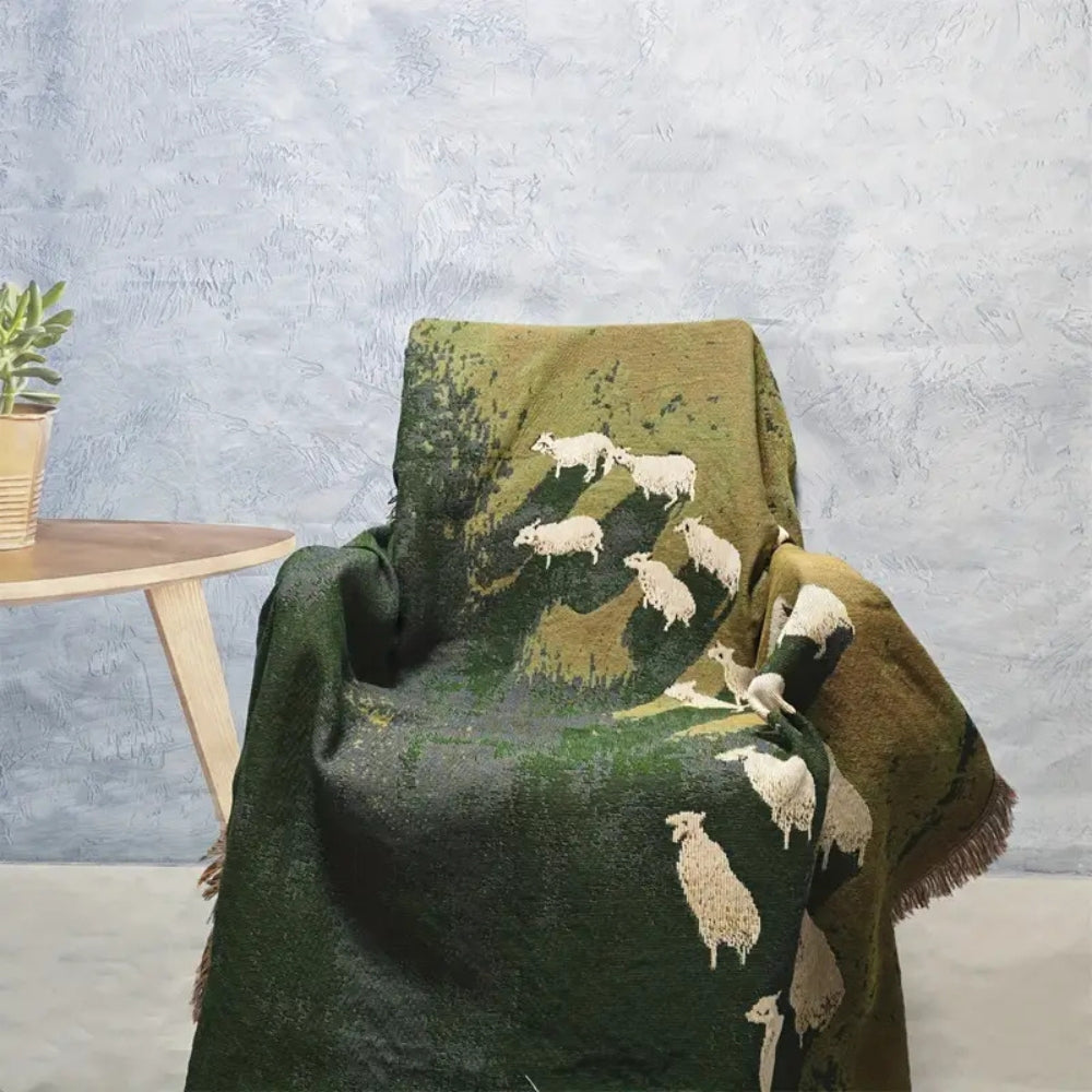 Woven Sheep Throw Blanket with Tassel Trim