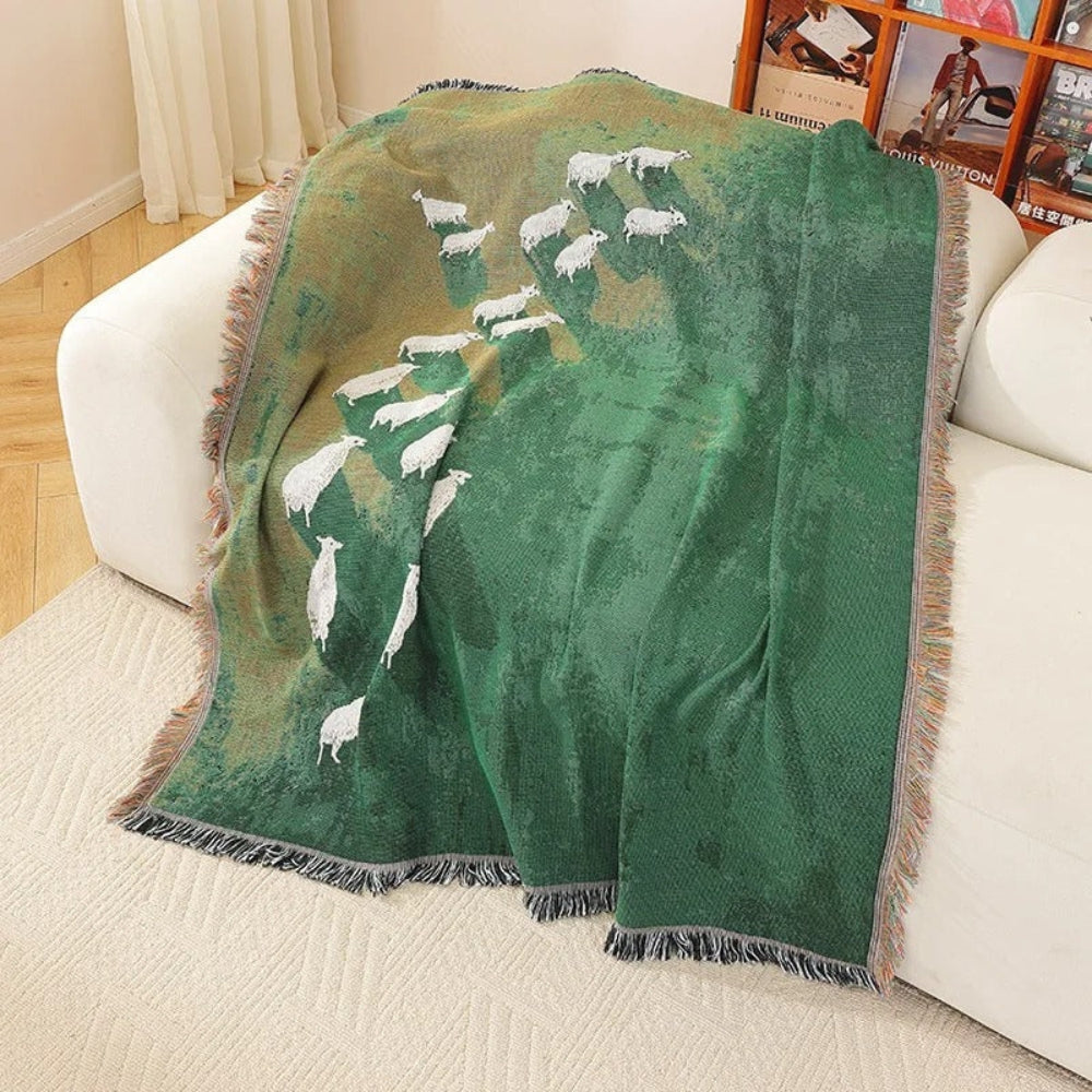 Woven Sheep Throw Blanket with Tassel Trim