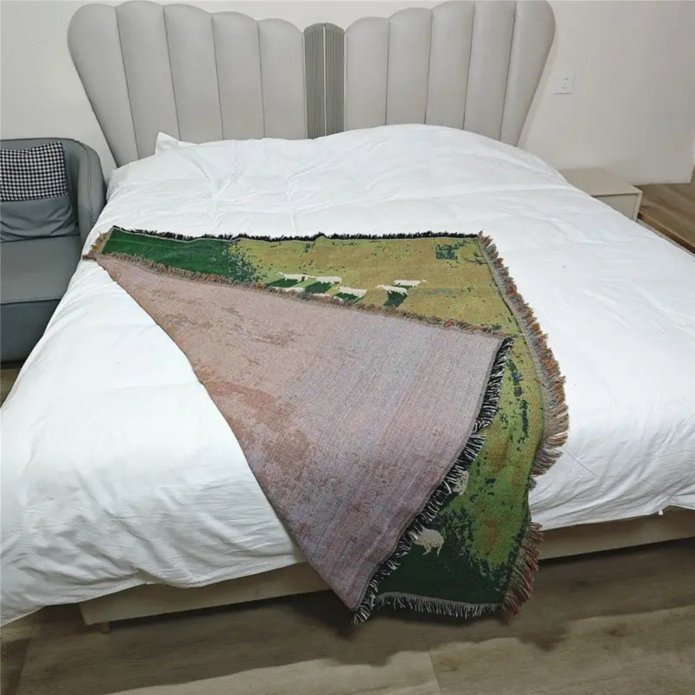 Woven Sheep Throw Blanket with Tassel Trim