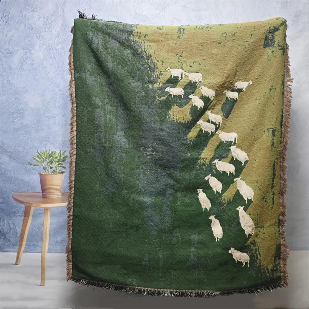 Woven Sheep Throw Blanket with Tassel Trim