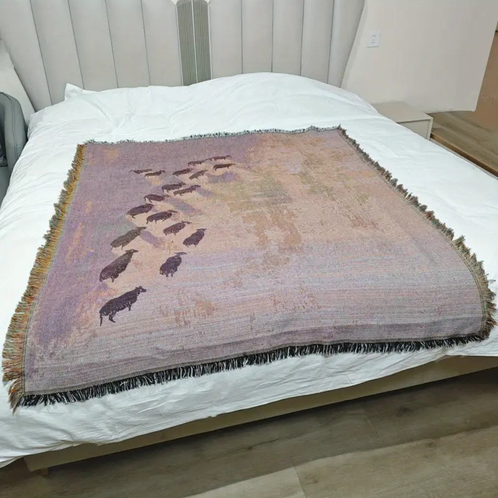 Woven Sheep Throw Blanket with Tassel Trim