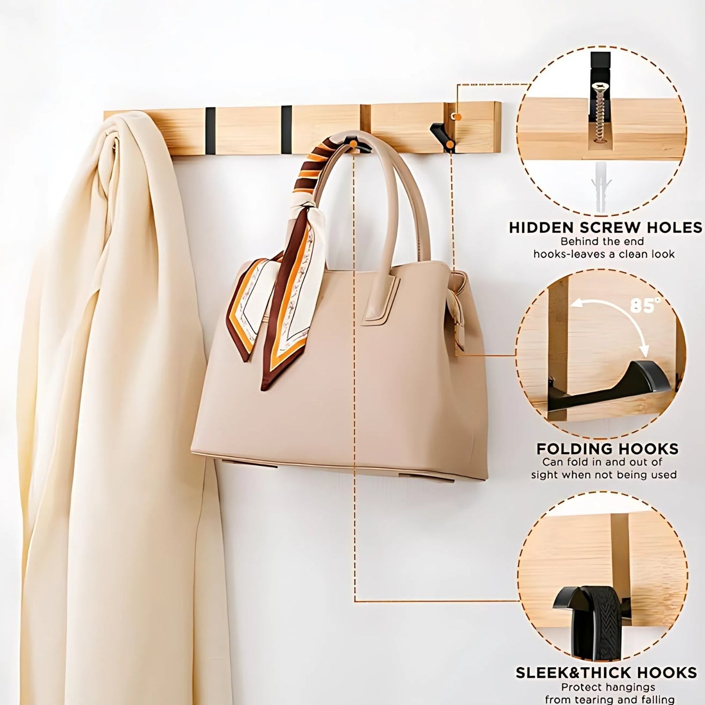 Bamboo Wall-Mounted Flip Hook Rack