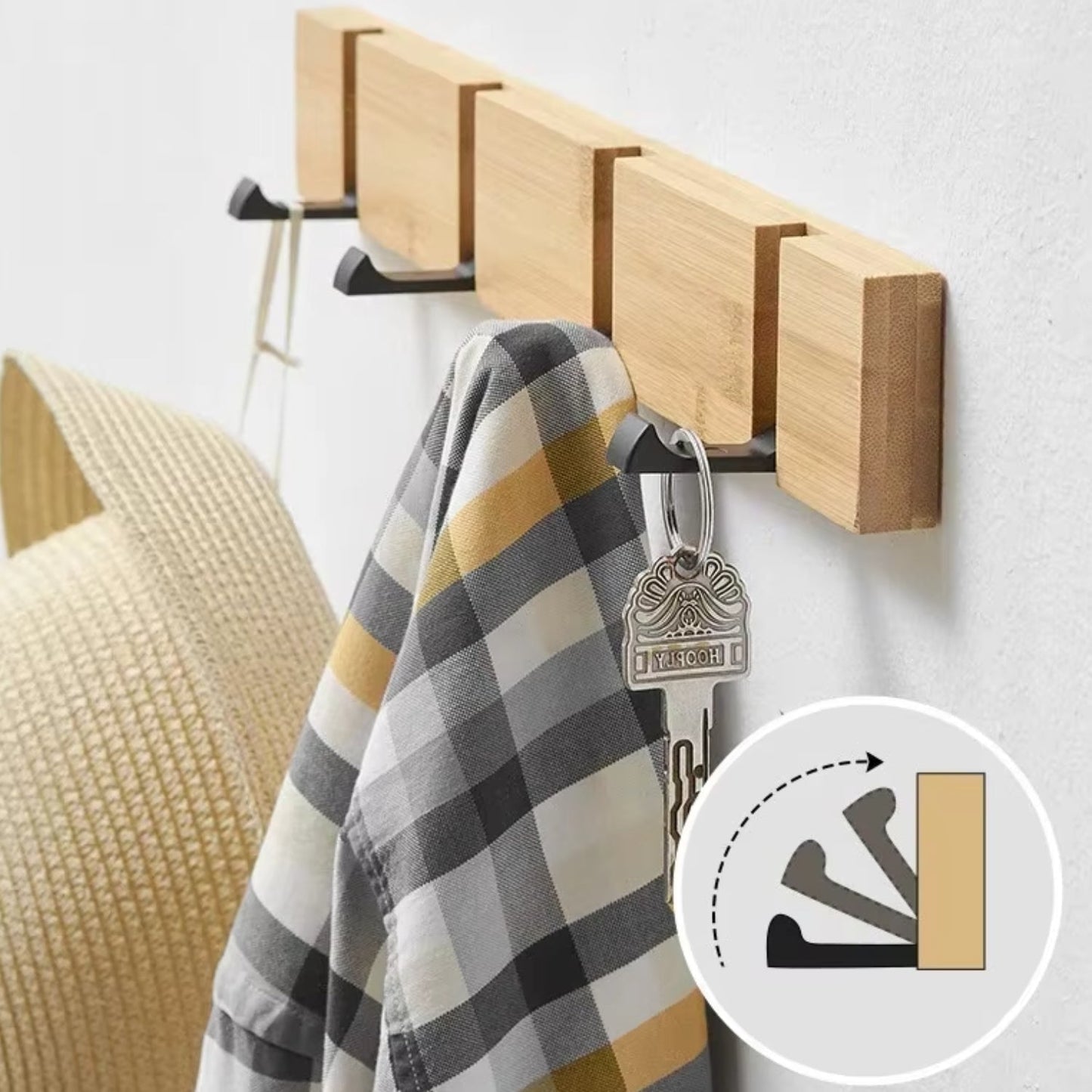 Bamboo Wall-Mounted Flip Hook Rack