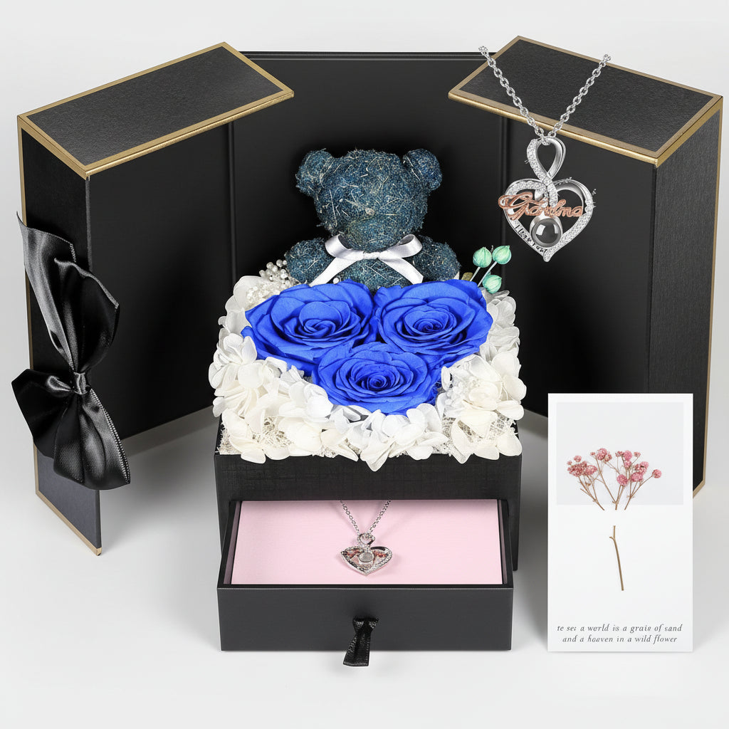 Eternal Roses with I Love You Necklace and Moss Bear Gift Set