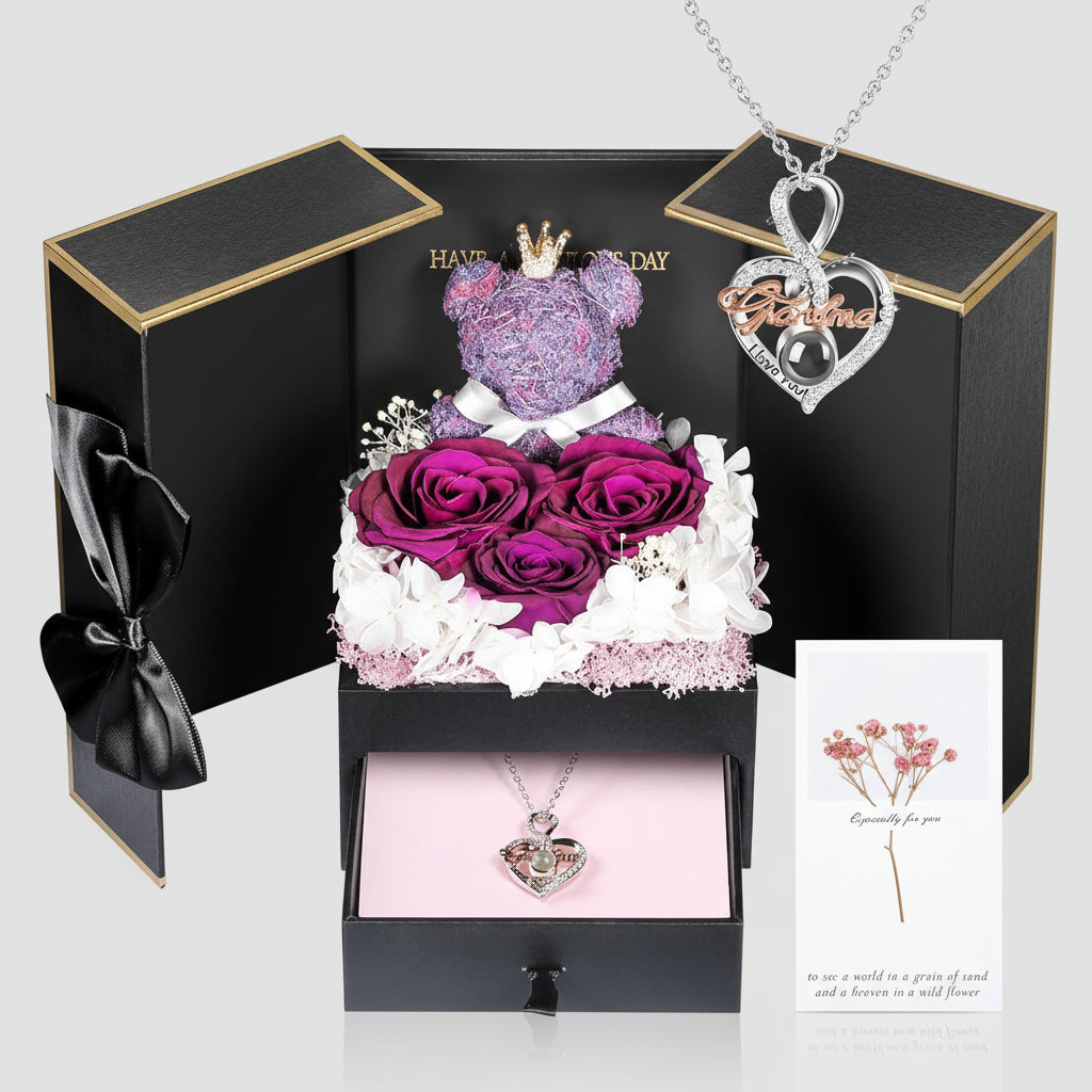 Eternal Roses with I Love You Necklace and Moss Bear Gift Set