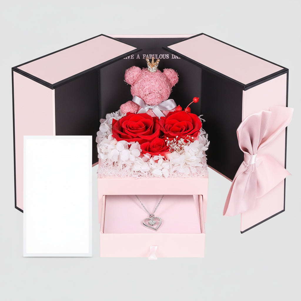 Eternal Roses with I Love You Necklace and Moss Bear Gift Set