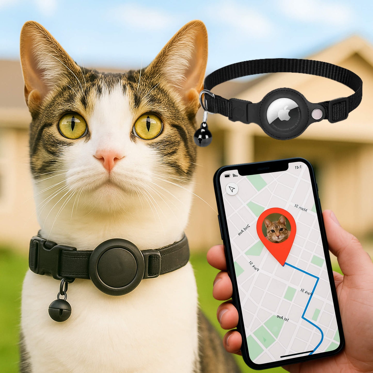 GPS Cat Tracker Collar with Quick Release and Reflective Nylon Design