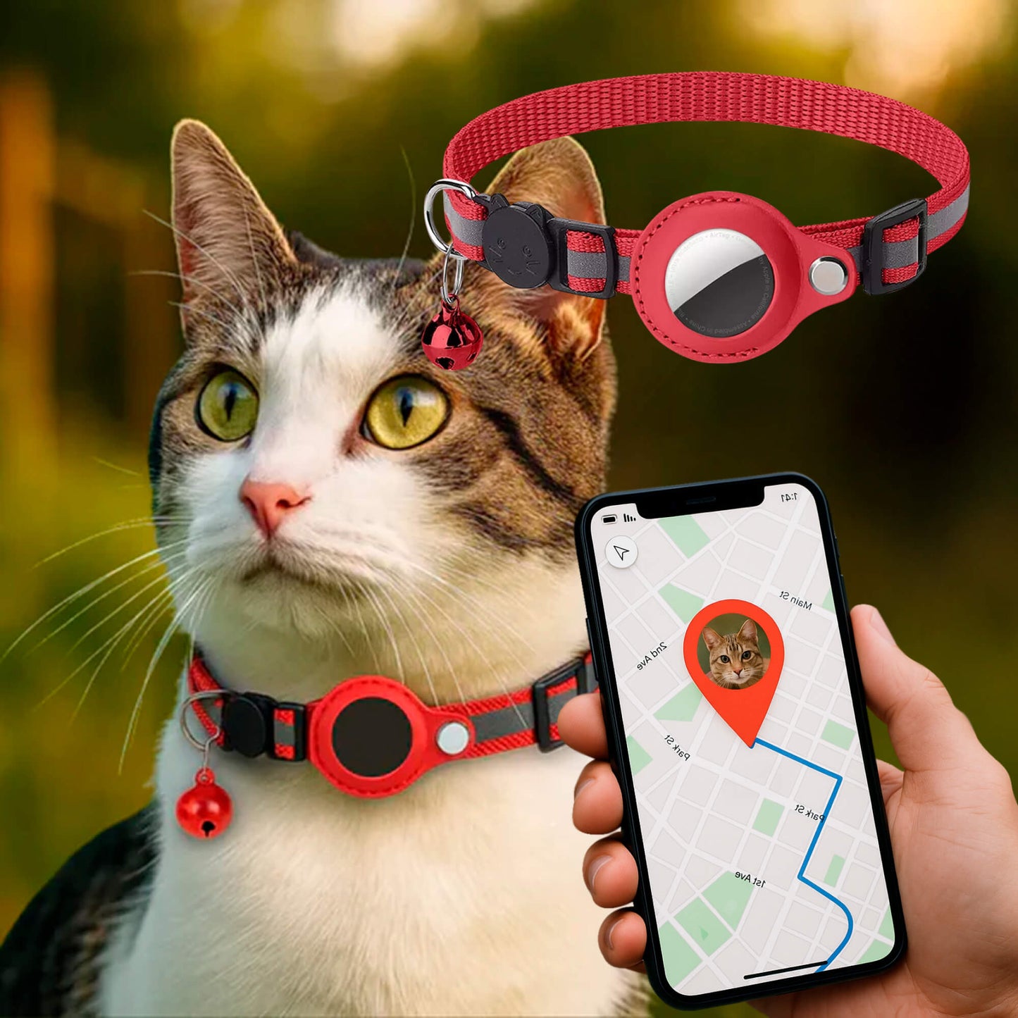 GPS Cat Tracker Collar with Quick Release and Reflective Nylon Design