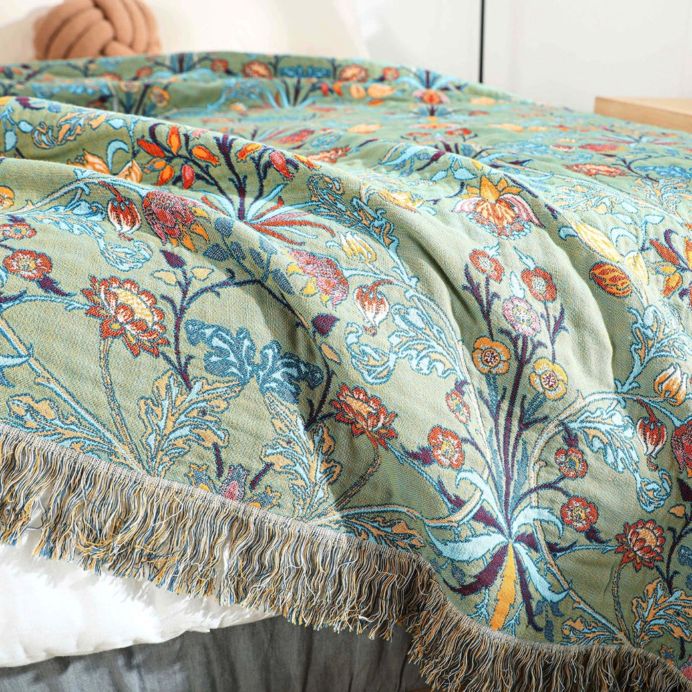 Reversible Floral Cotton Blanket with Tassels