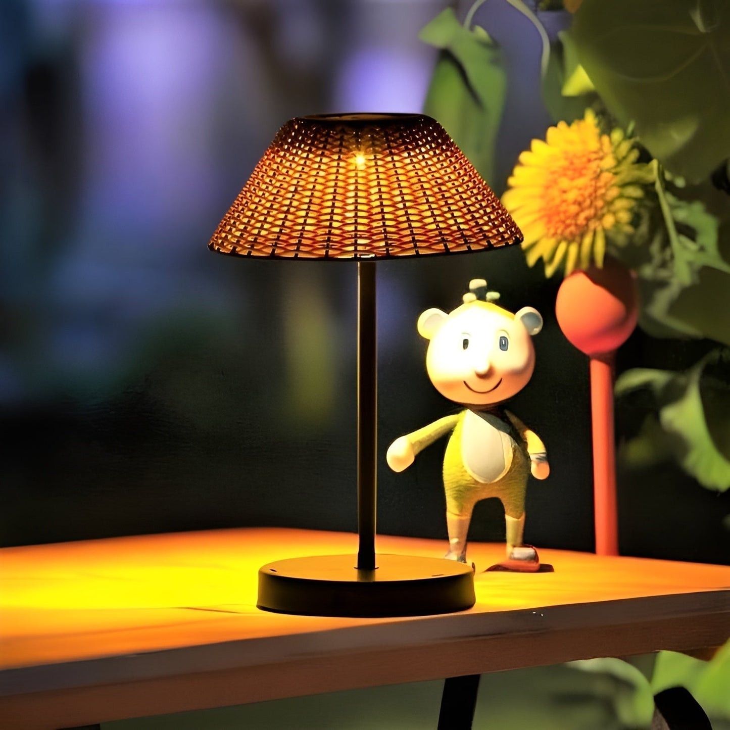 Solar-Powered Woven Table Lamp - Weatherproof Outdoor Lighting