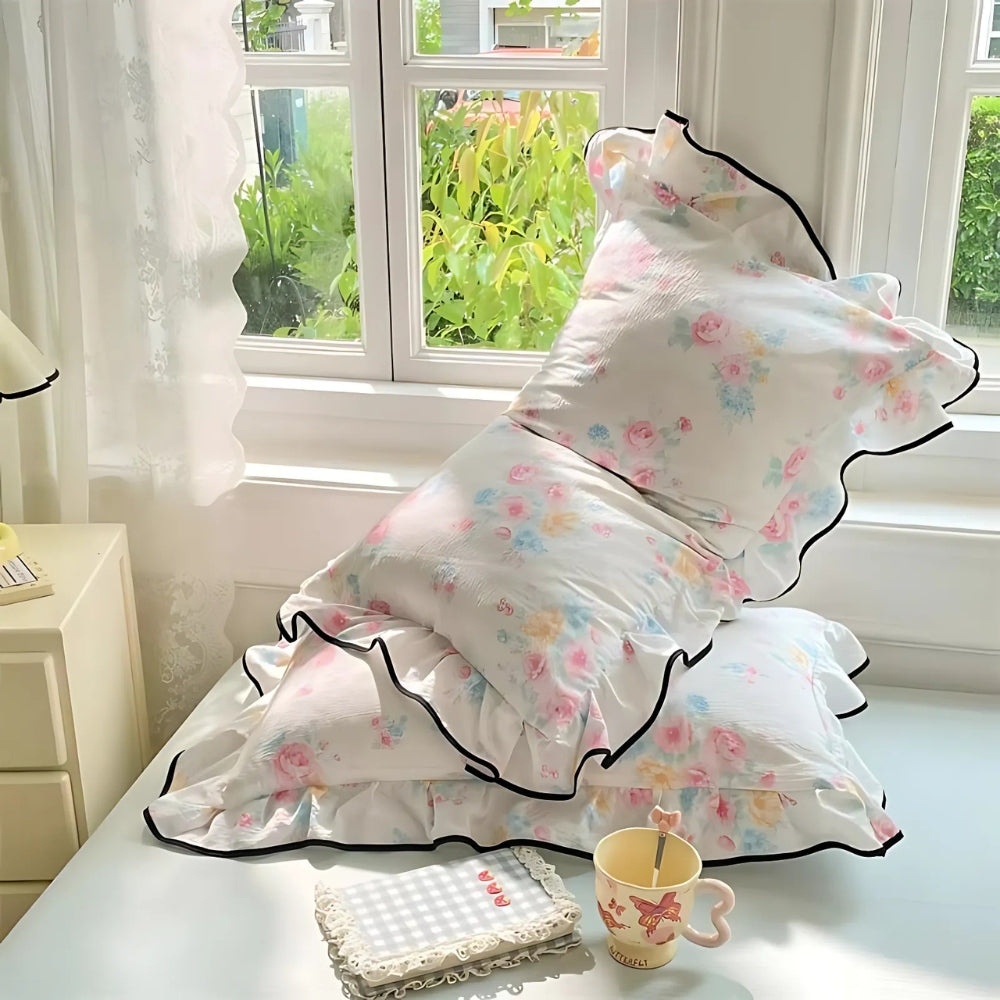 Floral Ruffled Lace Gauze Pillowcases - Queen Size