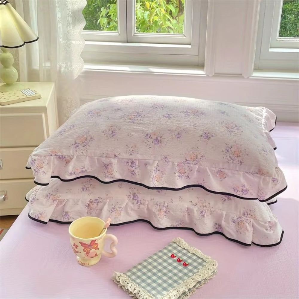 Floral Ruffled Lace Gauze Pillowcases - Queen Size
